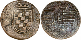 Principauté de Charleville - Charles II de Gonzague - Cu - Gigot. 
A/ CAROL. D. G. DVX. MANTV,
Écu de Bavière couronné. 
R/ Trois écussons entre deux ...