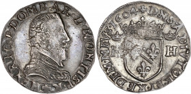 Dombes - Henri II - Ar - Teston 1606.
A/ HENRIC P DOMBAR D MONTISP,
Buste de François de Bourbon à droite.
R/ DNS. ADIVTOR. ET. REDEM. MEVS. 1606,
Écu...