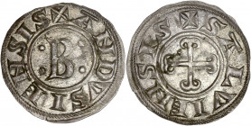 Languedoc - Anduze et Sauve - Ar - Denier.
A/ ANDVSIENSIS,
B accosté de quatre besants.
R/ SALVIENSIS,
Croix ancrée cantonnée d'un besant.
17mm- 0.9g ...