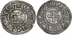 Maine - Comté du Maine - Herbert 1er - Ar - Denier. 
A/ COMES CENOMANNIS,
Monogramme d’Herbert.
R/SIGNVM DEI VIVI,
Croix cantonnée de 2 besants, d'un ...