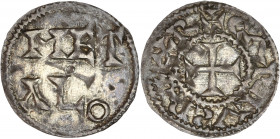 Poitou - Monnayage au nom de Charles II - Ar - Denier;
A/ CARLVS REX R,
Croix.
R/METALO,
Légende en 2 lignes.
17mm - 0.6g - TTB.