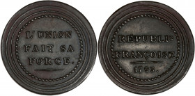 Convention (1792-1795) - Cuivre - Médaillette L'union fait sa force
1793 A - Paris.
A/ L'UNION FAIT SA FORCE,
Dans un double cercle, un grènetis perlé...