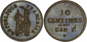Convention (1792-1795) - Laiton - Essai de 10 centimes à la massue 
An 3 - Paris.
A/ REPUBLIQUE - FRANÇAISE,
Serpent enroulé autour d'une massue et fa...