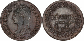 Directoire (1795-1799) - Bronze - Décime petit module 
An 4 D - Lyon.
A/ REPUBLIQUE FRANÇAISE,
Tête de la liberté à gauche.
R/ Décime AN 4 / D,
Couron...