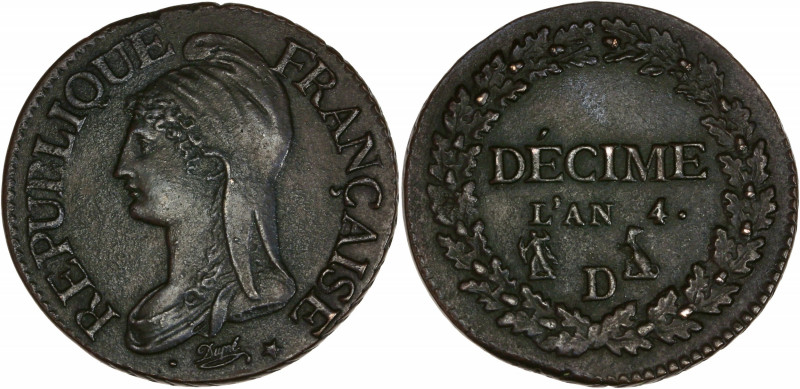 Directoire (1795-1799) - Bronze - Décime petit module 
An 4 D - Lyon.
A/ REPUBLI...