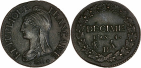 Directoire (1795-1799) - Bronze - Décime petit module 
An 4 D - Lyon.
A/ REPUBLIQUE FRANÇAISE,
Tête de la liberté à gauche. 
R/ Décime AN 4 / D,
Couro...