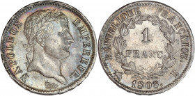 Premier Empire (1804 - 1814) - Argent - 1 Franc tête laurée 
1808 B - Rouen.
A/ NAPOLÉON EMPEREUR,
Tête laurée à droite.
R/ REPUBLIQUE FRANÇAISE 1808 ...