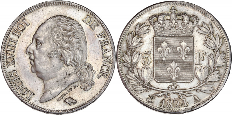 Louis XVIII (1814 - 1824) - Argent - 5 Francs, buste nue 
1824 A - Paris.
A/ LOU...