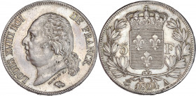 Louis XVIII (1814 - 1824) - Argent - 5 Francs, buste nue 
1824 A - Paris.
A/ LOUIS XVIII ROI DE FRANCE,
Buste de Louis XVIII à gauche.
R/ 5-F / 1824,
...