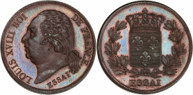 Louis XVIII (1814 - 1824) - Bronze - Essai de 5 centimes 
SD (1821) - Paris.
A/ LOUIS XVIII ROI DE FRANCE / ESSAI,
Buste de Louis XVIII à gauche. 
R/ ...