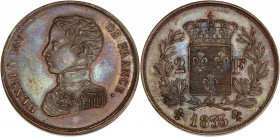 HENRI V (1820-1883) - Bronze - Essai de 2 Francs 
1833 - Bruxelles.
A/ HENRI V ROI DE FRANCE, 
Buste de Henri V à gauche.
R/ 2 - F / 1833.
Écu de Fran...