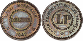 Louis Philippe I (1830 - 1848) - Bronze - Essai de 1 Décime 
1847 A - Paris.
A/ LOUIS PHILIPPE 1er ROI DES FRANÇAIS / LP,
R/ ESSAI MONÉTAIRE 1847 / Dé...