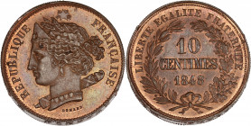 IIeme République (1848 - 1852) - Cuivre - Essai piéfort concours de 10 centimes Domard
1848.
A/ RÉPUBLIQUE FRANÇAISE,
Buste de la République à gauche....