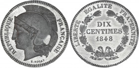 IIeme République (1848 - 1852) - Étain - Essai concours de 10 centimes Rogat
1848.
A/ RÉPUBLIQUE FRANÇAISE,
Buste de la République à gauche.
R/ LIBERT...