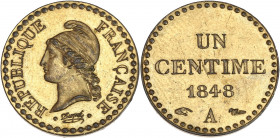 IIeme République (1848 - 1852) - Bronze doré - Essai 1 centime Dupré
1848. 
A/ REPUBLIQUE FRANÇAISE,
Tête de la République à gauche. 
R/ UN CENTIME 18...