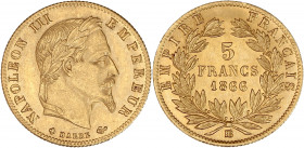 Napoléon III (1852 - 1870) - Or - 5 Francs tête laurée
1866 BB - Strasbourg.
A/ NAPOLÉON III EMPEREUR, 
Tête laurée à droite.
R/ EMPIRE FRANÇAIS / 5 F...