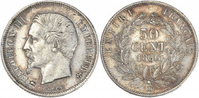Napoléon III (1852 - 1870) - Argent - 50 centimes tête nue
1856 D - Lyon.
A/ NAPOLÉON III EMPEREUR, 
Tête nu à gauche.
R/ EMPIRE FRANÇAIS / 50 CENT 18...