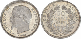 Napoléon III (1852 - 1870) - Argent - 50 centimes tête nue
1857 A - Paris.
A/ NAPOLÉON III EMPEREUR, 
Tête nu à gauche.
R/ EMPIRE FRANÇAIS / 50 CENT 1...