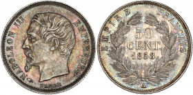 Napoléon III (1852 - 1870) - Argent - 50 centimes tête nue
1858 A - Paris.
A/ NAPOLÉON III EMPEREUR, 
Tête nu à gauche.
R/ EMPIRE FRANÇAIS / 50 CENT 1...