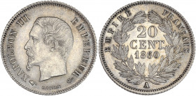 Napoléon III (1852 - 1870) - Argent - 20 centimes tête nue
1860 A - Paris.
A/ NAPOLÉON III EMPEREUR, 
Tête nu à gauche.
R/ EMPIRE FRANÇAIS / 20 CENT 1...