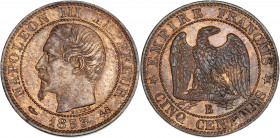 Napoléon III (1852 - 1870) - Bronze - 5 centimes tête nue
1853 B - Rouen. 
A/ NAPOLÉON III EMPEREUR 1853,
Tête nue à gauche.
R/ EMPIRE FRANÇAIS / 5 CE...