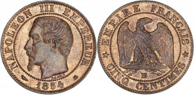 Napoléon III (1852 - 1870) - Bronze - 5 centimes tête nue
1854 BB - Strasbourg.
A/ NAPOLÉON III EMPEREUR 1854,
Tête nue à gauche.
R/ EMPIRE FRANÇAIS /...
