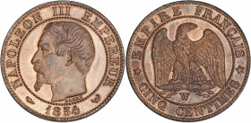 Napoléon III (1852 - 1870) - Bronze - 5 centimes tête nue
1854 W - Lille. 
A/ NAPOLÉON III EMPEREUR 1854,
Tête nue à gauche .
R/ EMPIRE FRANÇAIS / 5 C...