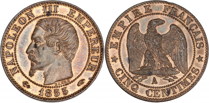 Napoléon III (1852 - 1870) - Bronze - 5 centimes tête nue
1855 A - Paris - Ancre...