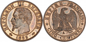 Napoléon III (1852 - 1870) - Bronze - 5 centimes tête nue
1855 A - Paris - Ancre.
A/ NAPOLÉON III EMPEREUR 1855,
Tête nue à gauche.
R/ EMPIRE FRANÇAIS...
