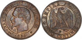 Napoléon III (1852 - 1870) - Bronze - 5 centimes tête nue
1855 BB - Strasbourg - Ancre.
A/ NAPOLÉON III EMPEREUR 1855,
Tête nue à gauche. 
R/ EMPIRE F...