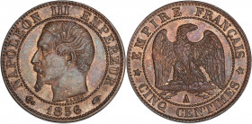 Napoléon III (1852 - 1870) - Bronze - 5 centimes tête nue
1856 A - Paris.
A/ NAPOLÉON III EMPEREUR 1856,
Tête nue à gauche.
R/ EMPIRE FRANÇAIS / 5 CEN...