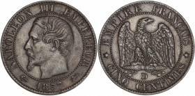 Napoléon III (1852 - 1870) - Bronze - 5 centimes tête nue
1857 D - Lyon.
A/ NAPOLÉON III EMPEREUR 1857,
Tête nue à gauche.
R/ EMPIRE FRANÇAIS / 5 CENT...