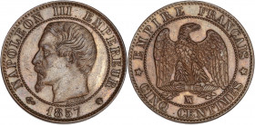 Napoléon III (1852 - 1870) - Bronze - 5 centimes tête nue
1857 MA - Marseille. 
A/ NAPOLÉON III EMPEREUR 1857,
Tête nue à gauche.
R/ EMPIRE FRANÇAIS /...
