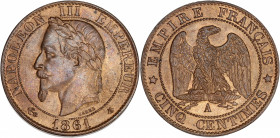 Napoléon III (1852 - 1870) - Bronze - 5 centimes tête laurée
1861 A - Paris.
A/ NAPOLÉON III EMPEREUR 1861,
Tête laurée à gauche.
R/ EMPIRE FRANÇAIS /...