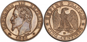 Napoléon III (1852 - 1870) - Bronze - 5 centimes tête laurée
1861 BB - Strasbourg.
A/ NAPOLÉON III EMPEREUR 1861,
Tête laurée à gauche.
R/ EMPIRE FRAN...