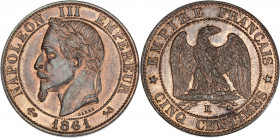 Napoléon III (1852 - 1870) - Bronze - 5 centimes tête laurée
1861 K - Bordeaux.
A/ NAPOLÉON III EMPEREUR 1861,
Tête laurée à gauche.
R/ EMPIRE FRANÇAI...