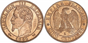 Napoléon III (1852 - 1870) - Bronze - 5 centimes tête laurée
1862 K - Bordeaux.
A/ NAPOLÉON III EMPEREUR 1862,
Tête laurée à gauche. 
R/ EMPIRE FRANÇA...