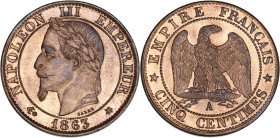 Napoléon III (1852 - 1870) - Bronze - 5 centimes tête laurée
1863 A - Paris.
A/ NAPOLÉON III EMPEREUR 1863,
Tête laurée à gauche.
R/ EMPIRE FRANÇAIS /...