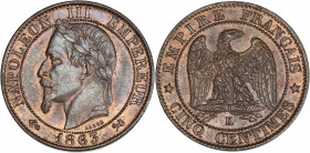Napoléon III (1852 - 1870) - Bronze - 5 centimes tête laurée
1863 - Bordeaux.
A/ NAPOLÉON III EMPEREUR 1863,
Tête laurée à gauche.
R/ EMPIRE FRANÇAIS ...
