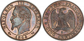 Napoléon III (1852 - 1870) - Bronze - 5 centimes tête laurée
1864 K - Bordeaux. 
A/ NAPOLÉON III EMPEREUR 1864,
Tête laurée à gauche. 
R/ EMPIRE FRANÇ...