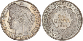 IIIème République (1870 - 1940) - Argent - 50 centimes Cérès 
1881 A - Paris.
A/ REPUBLIQUE FRANÇAISE, 
Tête de Cérès à gauche. 
R/ LIBERTE EGALITE FR...