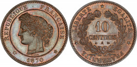 IIIème République (1870 - 1940) - Bronze - 10 centimes Cérès 
1870 A - Paris.
A/ REPUBLIQUE FRANÇAISE 1870,
Tête de Cérès à gauche. 
R/ LIBERTE EGALIT...
