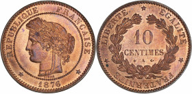 IIIème République (1870 - 1940) - Bronze - 10 centimes Cérès 
1876 A - Paris.
A/ REPUBLIQUE FRANÇAISE 1876,
Tête de Cérès à gauche.
R/ LIBERTE EGALITE...