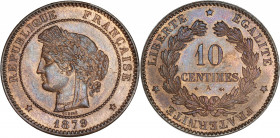 IIIème République (1870 - 1940) - Bronze - 10 centimes Cérès 
1879 A - Paris.
A/ REPUBLIQUE FRANÇAISE 1879,
Tête de Cérès à gauche. 
R/ LIBERTE EGALIT...