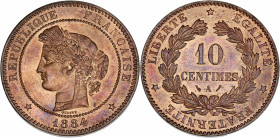 IIIème République (1870 - 1940) - Bronze - 10 centimes Cérès 
1884 A - Paris.
A/ REPUBLIQUE FRANÇAISE 1884,
Tête de Cérès à gauche. 
R/ LIBERTE EGALIT...