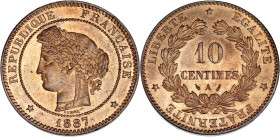 IIIème République (1870 - 1940) - Bronze - 10 centimes Cérès 
1887 A - Paris.
A/ REPUBLIQUE FRANÇAISE 1887,
Tête de Cérès à gauche.
R/ LIBERTE EGALITE...