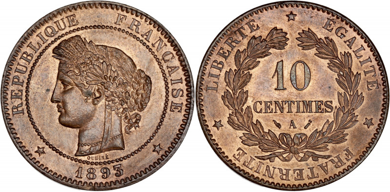 IIIème République (1870 - 1940) - Bronze - 10 centimes Cérès 
1893 A - Paris.
A/...