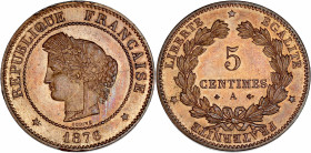 IIIème République (1870 - 1940) - Bronze - 5 centimes Cérès 
1876 A - Paris.
A/ REPUBLIQUE FRANÇAISE 1876,
Tête de Cérès à gauche.
R/ LIBERTE EGALITE ...