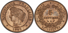 IIIème République (1870 - 1940) - Bronze - 5 centimes Cérès 
1892 A - Paris.
A/ REPUBLIQUE FRANÇAISE 1892,
Tête de Cérès à gauche.
R/ LIBERTE EGALITE ...