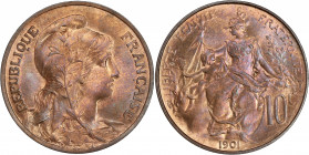 IIIème République (1870 - 1940) - Bronze - 10 Centimes Dupuis 
1901.
A/ REPUBLIQUE FRANÇAISE,
Buste de la Liberté à droite.
R/ LIBERTE EGALITE FRATERN...